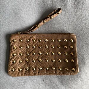 Studded Leather Pouch Clutch – Tan / Camel – Gold Studs